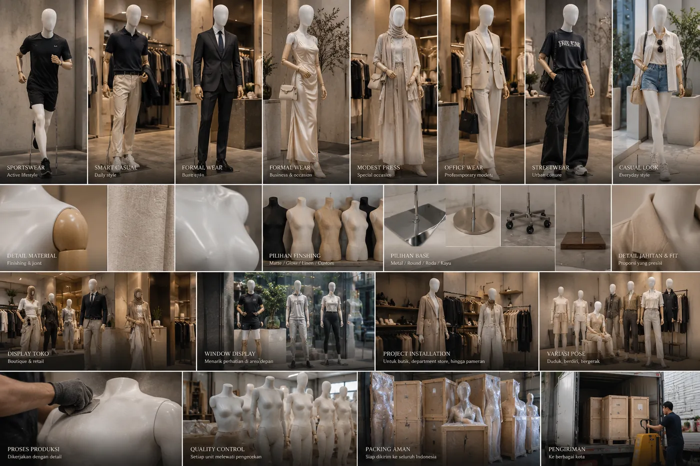 Detail material dan sistem display manekin untuk retail modern