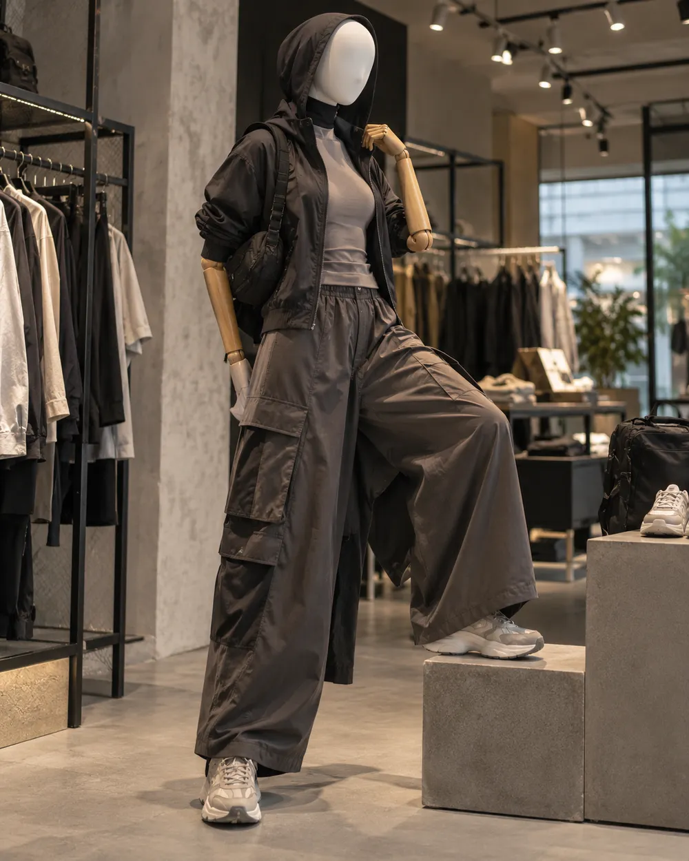 Konsep display distro dan streetwear dengan gawangan minimalis